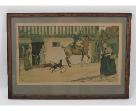After Cecil Aldin, colour print, gentleman on horseback raising his hat to a woman with dogs chasing behind, 9.25ins x 15.5in