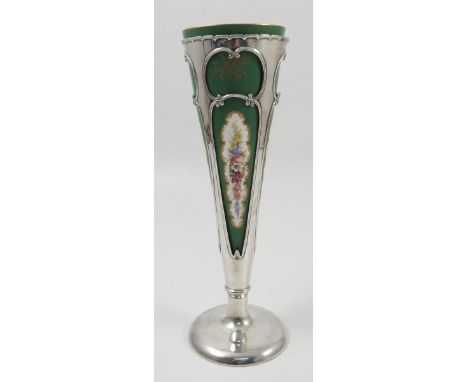 A Royal Worcester conical shaped vase, decorated with reserve panels of alternating fruit and flowers to a green ground, shap