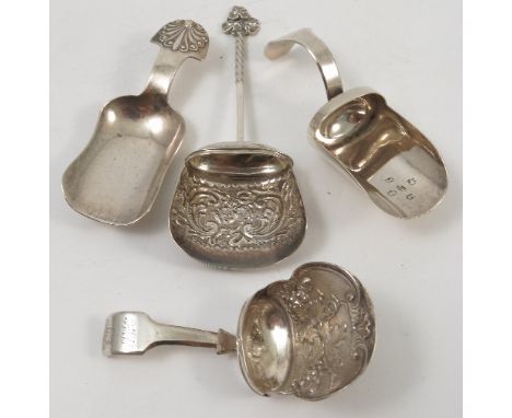 A Georgian silver caddy spoon, with fiddle handle engraved with initials, the shovel bowl embossed with a grape vine, Birming