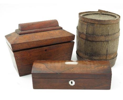 A 19th century rosewood sarcophagus tea caddy, with two covered sections, width 9ins, together with another 19th century rose