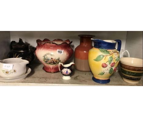 SHELF WITH QTY OF JUGS, TEA POT ETC