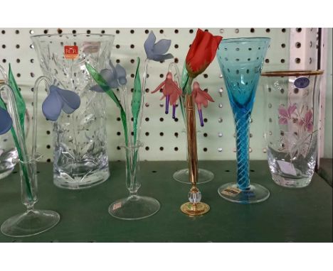 SHELF OF GLASS VASES ETC