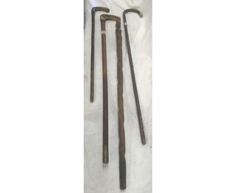 4 WALKING STICKS, 1 ETHNIC CARVED, ANTLER HANDLE WITH SILVER FERRUCE, SILVER MOUNTED CANE STICK &amp; 1 OTHER