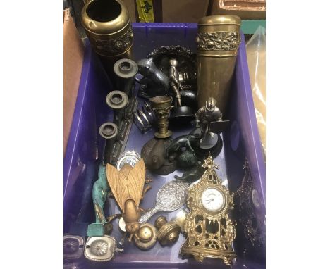CARTON OF MIXED BRASS WARE &amp; OTHER METAL INCL; A SQUIRREL NUT CRACKER, GLASS VASES, KNIGHTS IN ARMOUR CIGARETTE LIGHTERS,