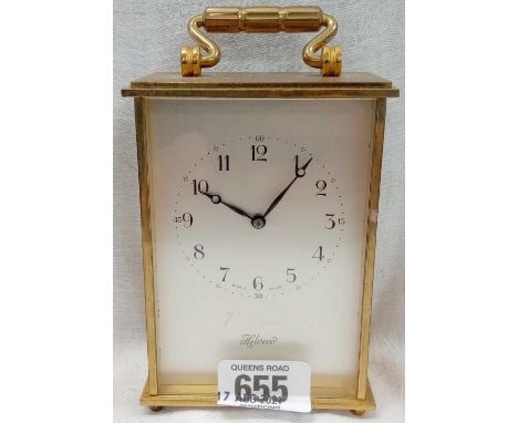 SMALL BRASS FRAMED CARRIAGE CLOCK BY HELVECO (NOT KNOWN IF WORKING)