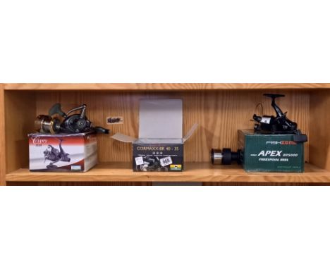 SHELF OF 2 FISHING REELS, WEIGHTS ETC