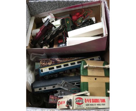 BOX OF MODEL TRAIN TRACK, MODEL LOCOMOTIVE PARTS, TRACK PARTS, BOOK, CARRIAGES ETC A/F