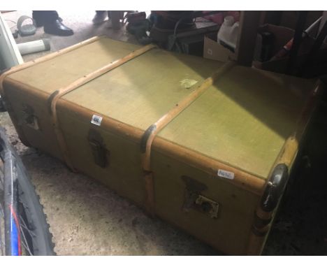 CANVAS COVERED WOOD BOUND STEAMER TRUNK WITH INNER TRAY