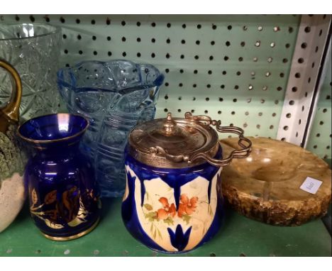 SHELF OF CROWN STAFFORDSHIRE CHINAWARE, 2 GLASS VASES ETC