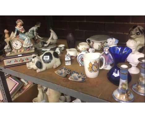 SHELF OF MISC CHINA FIGURINES, PAIR OF CANDLE STICKS BY NORITAKI, ANIMAL ORNAMENTS &amp; PORTMEIRION SMALL CHAMBER POT