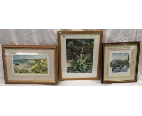 A STUDY OF NAVEL WORT GROWING IN A STONE WALL TOGETHER WITH LIMITED EDITION PENCIL SIGNED PRINT OF A RIVER AND BRIDGE AND A F