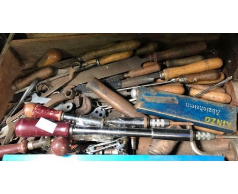 WOODEN DRAWER WITH MISC HAND TOOLS, SCREW DRIVERS, CHISELS, SPANNERS ETC