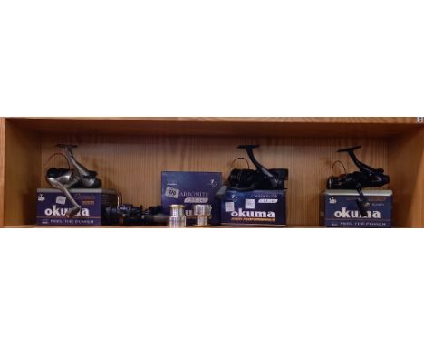 SHELF OF 4 OKUMA FISHING REELS