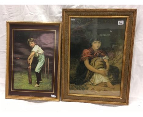 ANTIQUE COLOUR PRINT OF A YOUNG GIRL, SEATED, TOGETHER WITH A PEARS PRINT OF A YOUNG CRICKETER ENTITLED ''CAPTAIN OF THE XI''