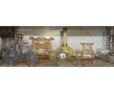 SHELF OF GLASS BOWLS, CANDLE STICKS, PART DRESSING TABLE SET &amp; A DECANTER WITH A GOLD STOPPER