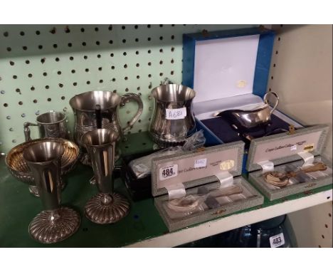 SHELF OF PLATEDWARE CONSISTING OF TANKARDS, GRAVY BOAT ETC