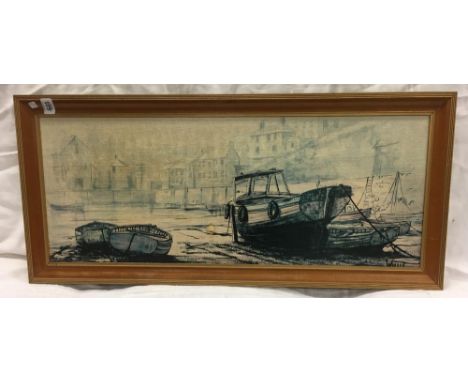 AN OLD SEPIA PHOTOGRAPH OF A 3 MASTER IN FULL SAIL OFF THE COAST TOGETHER WITH A PICTURE OF BEACHED BOATS IN A HARBOUR. 