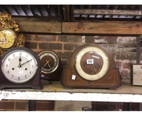 3 WOOD CASED MANTEL PIECE CLOCK, 1 WITH WESTMINSTER CHIME, BAKELITE CLOCK, A GARRODS GLASS FRAME CLOCK WHICH NEEDS REPAIR &am