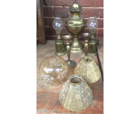 PAIR OF ''LAMP FEUTREE'' OIL LAMPS WITH GLASS SHADES BRASS OIL LAMP (NO SHADS), SMALL GLASS SHADE, TWO BRASS CANDLE STICKS, 2