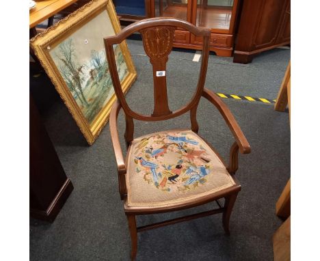 INLAID MAHOGANY TAPESTRY ELBOW CHAIR