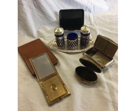 PLATED CRUET SET WITH B.G.L, POWDER COMPACT, CIGARETTE CASES &amp; BRASS SNUFF BOX