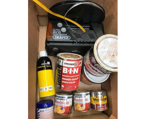 AIR COMPRESSOR, TOOLS CANS OF PAINT, LEAK DETECTOR SPRAY, LEADED GLASS TAPE