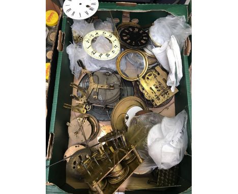 TRAY OF CLOCK MOVEMENTS, DIALS, GLASSES ETC