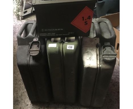 3 METAL WD MARKED JERRY CANS 1969, 1976 &amp; 1992 &amp; 1 AMMUNITION BOX CONTAINING BB SHOT