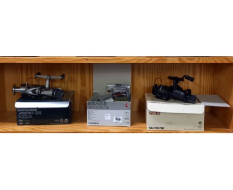 SHELF OF 2 FISHING REELS, WEIGHTS ETC