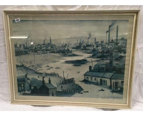 LARGE COLOUR PRINT OF AN INDUSTRIAL LANDSCAPE AND CANAL, SIGNED L S LOWRY AND DATED 1942
