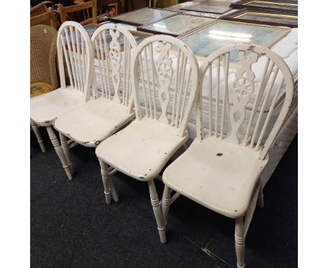 3 PAINTED WHITE WHEELED BACK DINING CHAIRS &amp; 1 PAINTED STICK BACK CHAIR