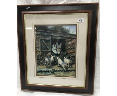 COLOUR PRINT OF DONKEYS IN A STABLE WATCHING PIGS AND A HEN, ENTITLED ''FARMYARD FRIENDS'' IN A HARDWOOD FRAME