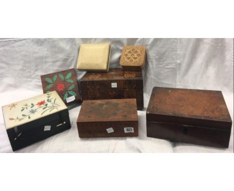 SHELF OF 6 VARIOUS WOODEN &amp; OTHER BOXES