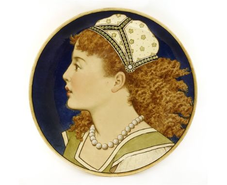 A Minton's Art Pottery Studio charger depicting female portrait, dated 1872, painted by Rebecca Coleman, signed R Coleman, pa