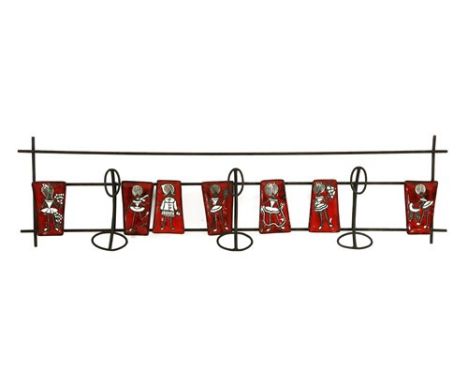 A wire and enamel coat rack, 1960s, the enamel panels depicting 'The Seven Ages of Womanhood', from a young girl to a young m