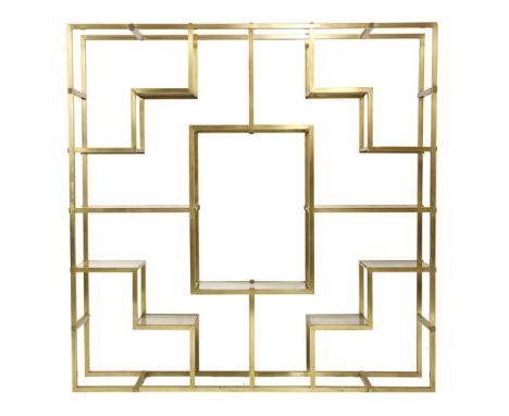 A modern brass wall shelf, with twelve glass shelves, 190cm wide 36.5cm deep 190cm high