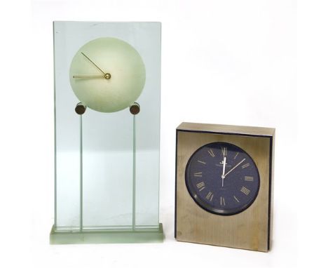 A Jaeger-LeCoultre clock, with a faux lapis lazuli dial, in a brushed stainless steel case, numbered '5059', 19.5cm high, and