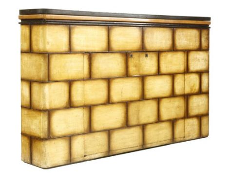 An Italian low room divider, modelled as a faux brick wall, with a removable ebonised top revealing a metal planter, 176.5cm 