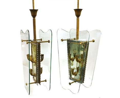 A pair of Italian hanging lights, each mounted with mirrors and six-light branches, with glass panels to the sides, two missi