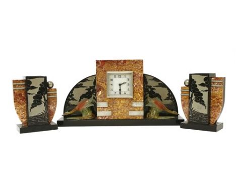 An Art Deco marble mantel clock garniture, the square dial enclosing an eight-day movement, with blind fretwork panels and sp