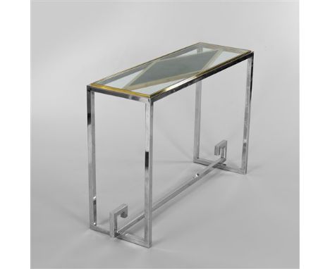 A brass and chrome console table, the glass top over a marble diamond-shaped panel, 120cm wide 40cm deep 86.5cm high