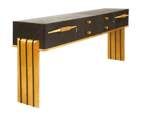 An Italian palmwood and acer console table, attributed to Pierluigi Colli, with four central drawers, flanked with two cupboa