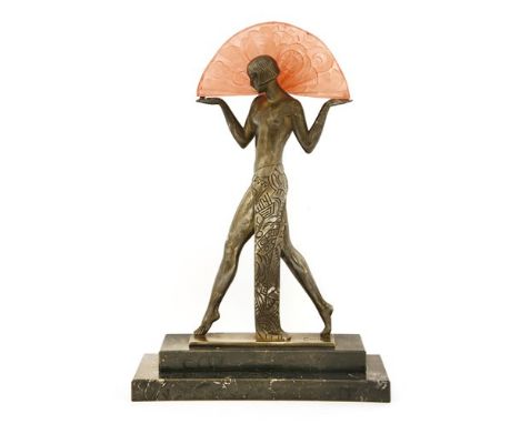 An Art Deco-style figural table lamp, modelled as a fan dancer after Guerbe, the plastic shade a fan, on a stepped marble pli