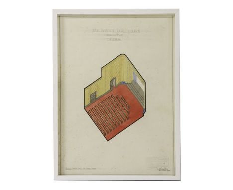 Two Axonometric architectural drawings 'THE CINEMA', Scale four feet to one inch, by L Phillips, 15th April 1940, with 'The P