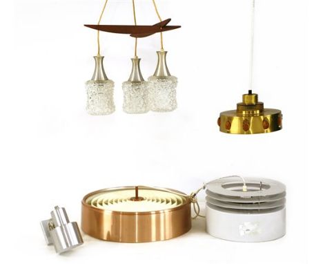 Five Danish lights, three hanging pendant lights, a three-light hanging light, and a wall light (5)