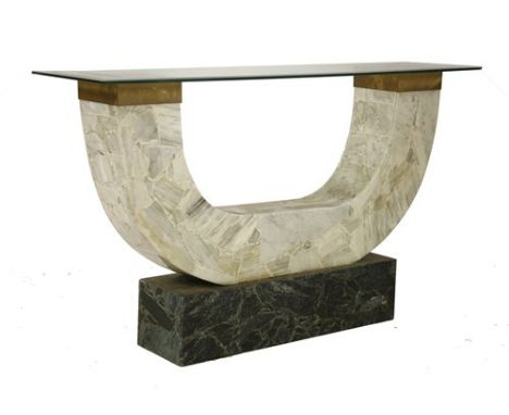 A tesserae and brass console table, with a glass raised on a 'U' shaped stand and plinth 132cm wide 41cm deep 79.5cm high