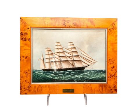 This burlwood framed plaque is a reproduction of the original painting by Skillet. This ship was built twice originally in 18