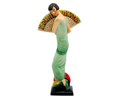 Limited edition glossy figure of a 1920s woman in a long green dress holding a large floral fan. Kevin Francis Ceramic backst