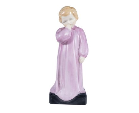 Hand decorated first version of Darling. A figure of a young child in a pink pajama dress standing on a black base. Royal Dou