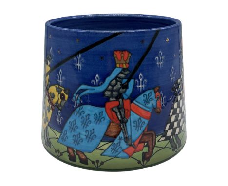 Limited edition multicolor ceramic jar depicting a parade of knights in armor riding on decorated horses. Hand painted by Ada